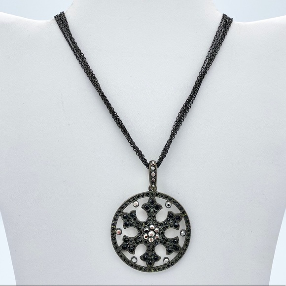White House Black Market Jewelry - WHBM Gun Metal Tone Rhinestone Ornate Pendant Nckl